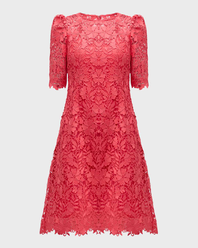 Puff-Shoulder Floral Lace Midi Dress
